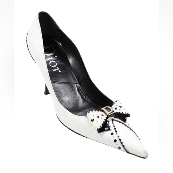 Dior Shoes - DIOR Womens Pointed Toe Bow Front Gold Tone High Heels White Size EUR 37.5